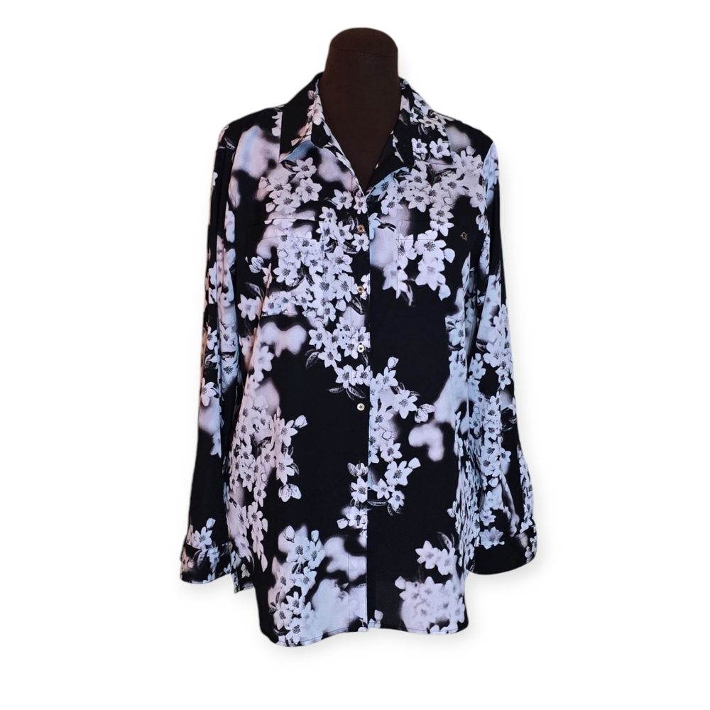 CK Statement! Calvin Klein Black/White Floral Blouse Top L | Hi-Low Hem